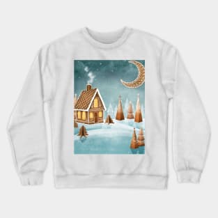 Gingerbread house moon and trees watercolor illustration. Fantasy candy world Christmas decorations. Snow hills. Magic winter forest Crewneck Sweatshirt